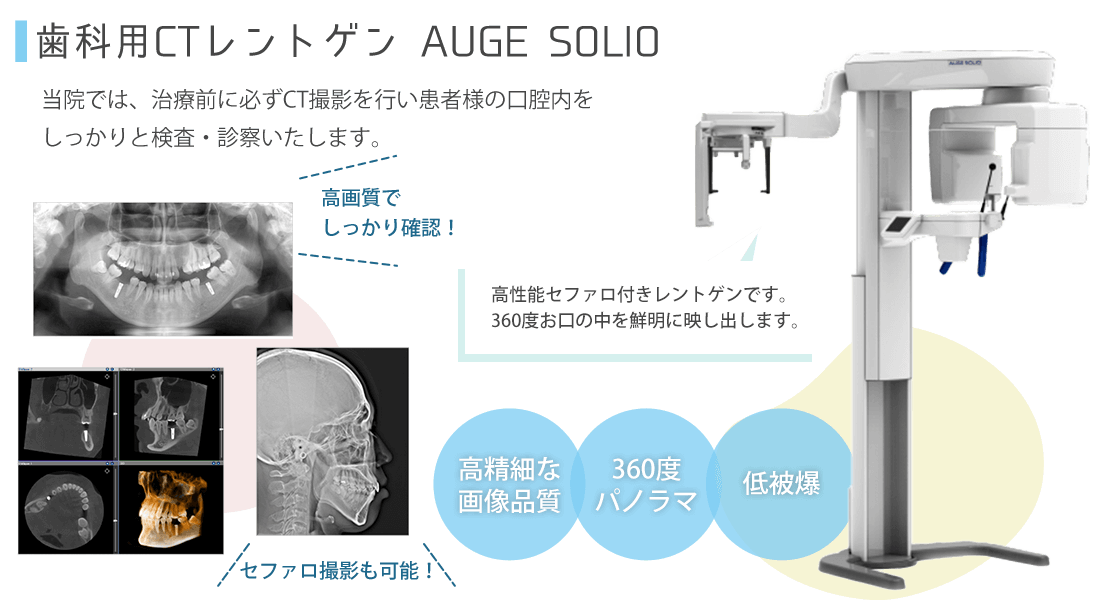 歯科用CTレントゲン AUGE SOLIO。高精細な画像品質・360度パノラマ・低被曝